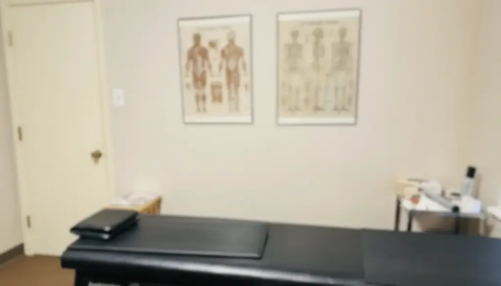 Edge of a black adjusting table against a cream plaster wall with framed anatomy charts