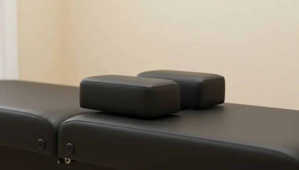 Black vinyl adjusting table with a padded headrest cushion against a cream wall