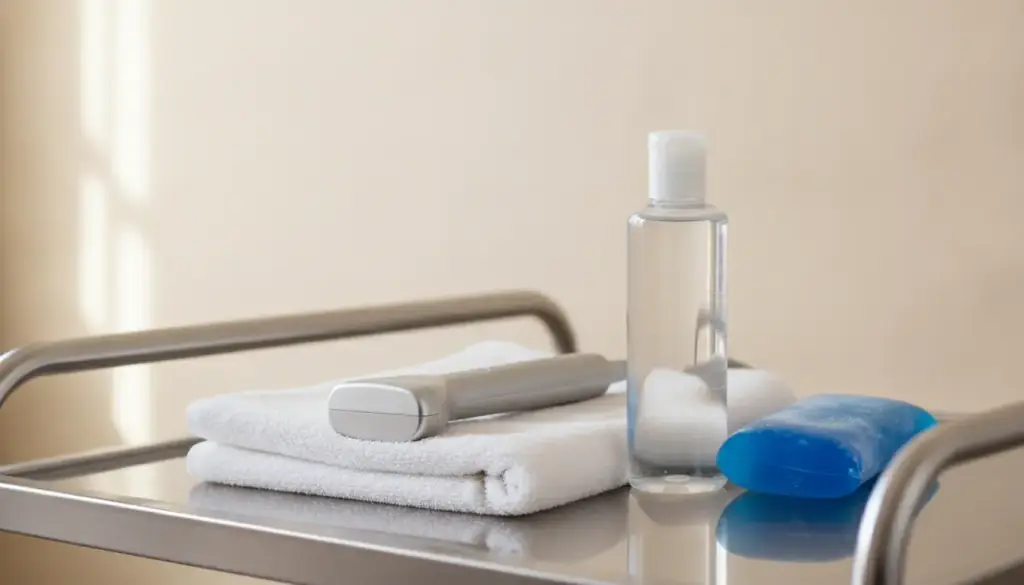 Ultrasound applicator, clear gel bottle and a blue cold pack on a steel cart