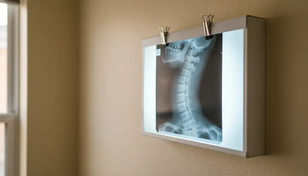 Lateral cervical spine x-ray film clipped to a lit wall viewer